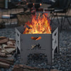 Collapsible 19-inch portable fire pit with flames, featuring carbon steel construction and air circulation holes for.