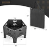 Collapsible 19-inch portable fire pit in black carbon steel with storage bag, ideal for camping and backyard use.