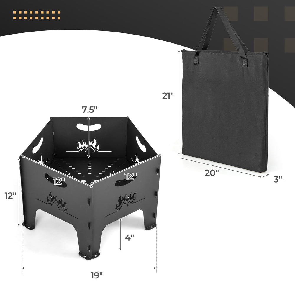 Collapsible 19-inch portable fire pit in black carbon steel with storage bag, ideal for camping and backyard use.