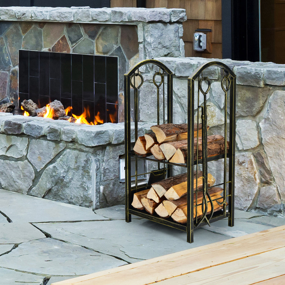 Fireplace Log Rack with 4 Pieces Fireplace Tools-Bronze - Gallery View 1 of 11