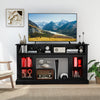 Black TV stand with RGB LED lights, adjustable shelves, and ample storage for media devices, perfect for living room.