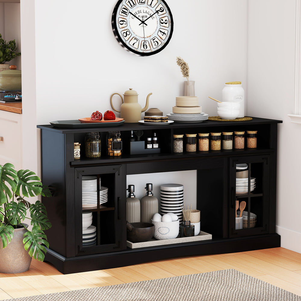 Black TV stand featuring RGB LED lights, ample storage, and a spacious 58" countertop for TVs up to 50 inches.