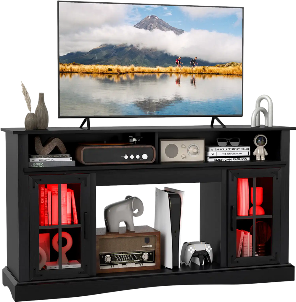 TV stand with RGB LED lights, remote control, and ample storage for media devices, perfect for living room or bedroom.