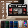 Black TV stand with RGB LED strip lights, remote control, and ample storage for media devices and decor.