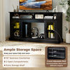 TV stand in black with RGB LED lights, 58" countertop, 2 open compartments, and adjustable shelf for versatile storage.