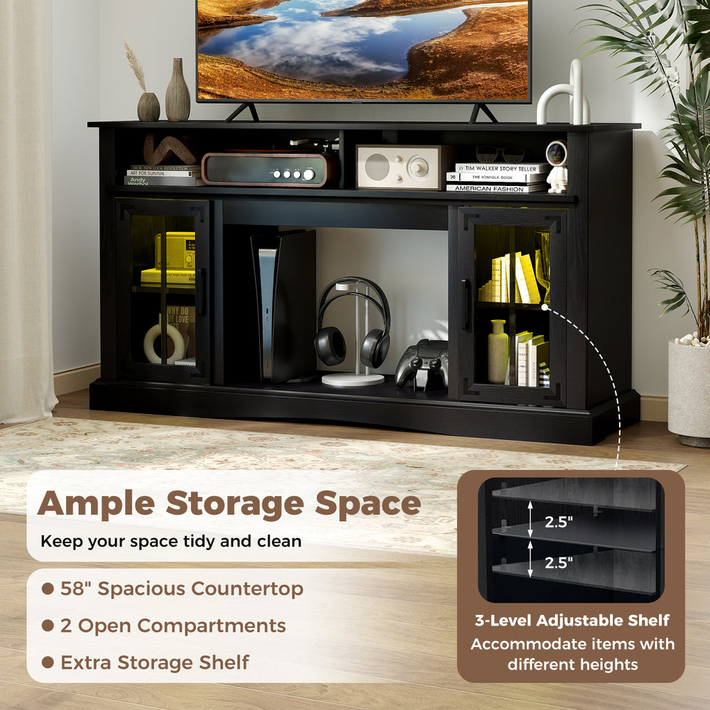 TV stand in black with RGB LED lights, 58" countertop, 2 open compartments, and adjustable shelf for versatile storage.