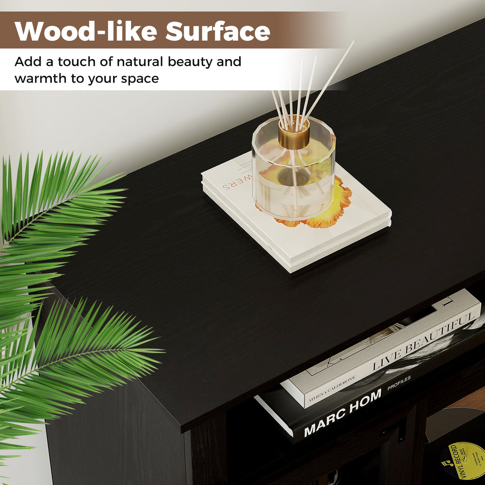 Top view of a black TV stand with a wood-like surface, featuring RGB LED lights and ample storage for living room use.