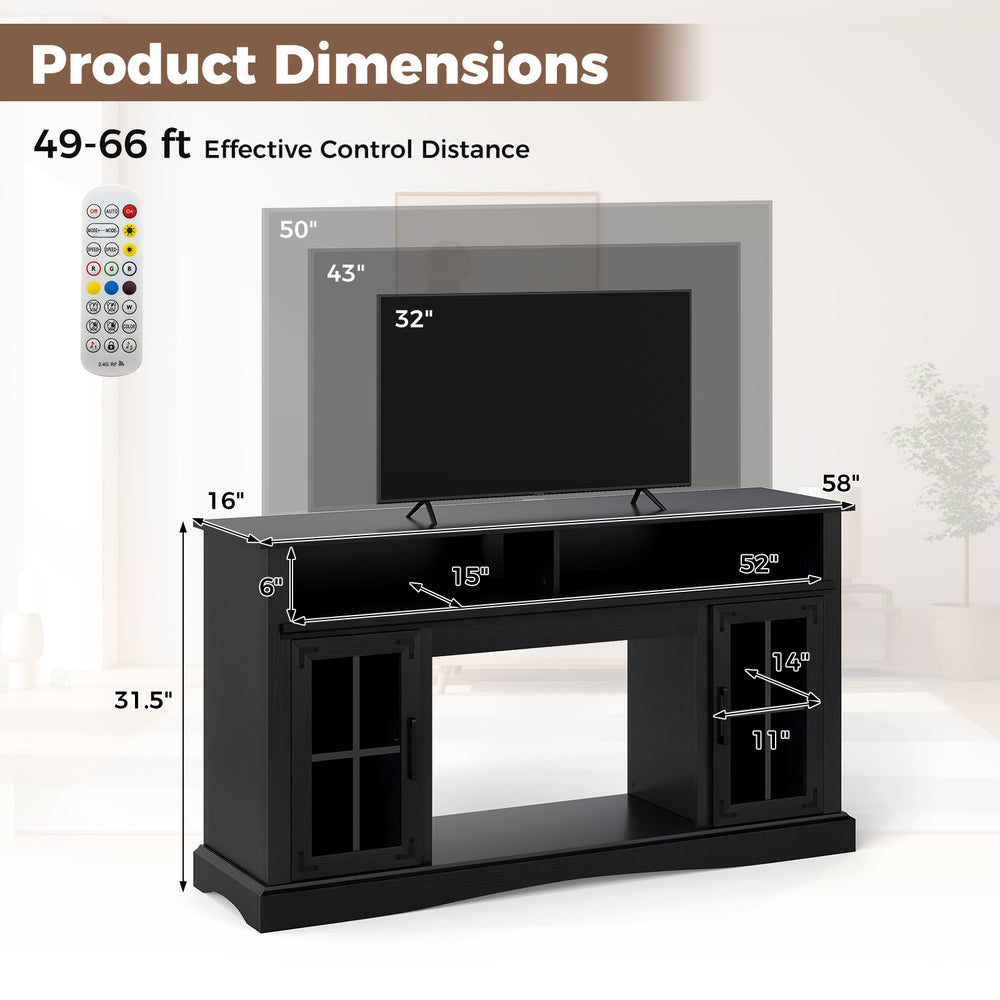 TV stand with LED lights, remote control, and ample storage, featuring a 58" countertop for TVs up to 50 inches.