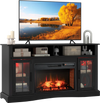 Fireplace TV stand in black with realistic flame effect, remote control, and space for TVs up to 50 inches, perfect for.