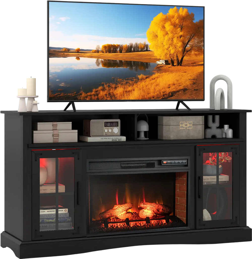 Fireplace TV stand in black with realistic flame effect, remote control, and space for TVs up to 50 inches, perfect for.