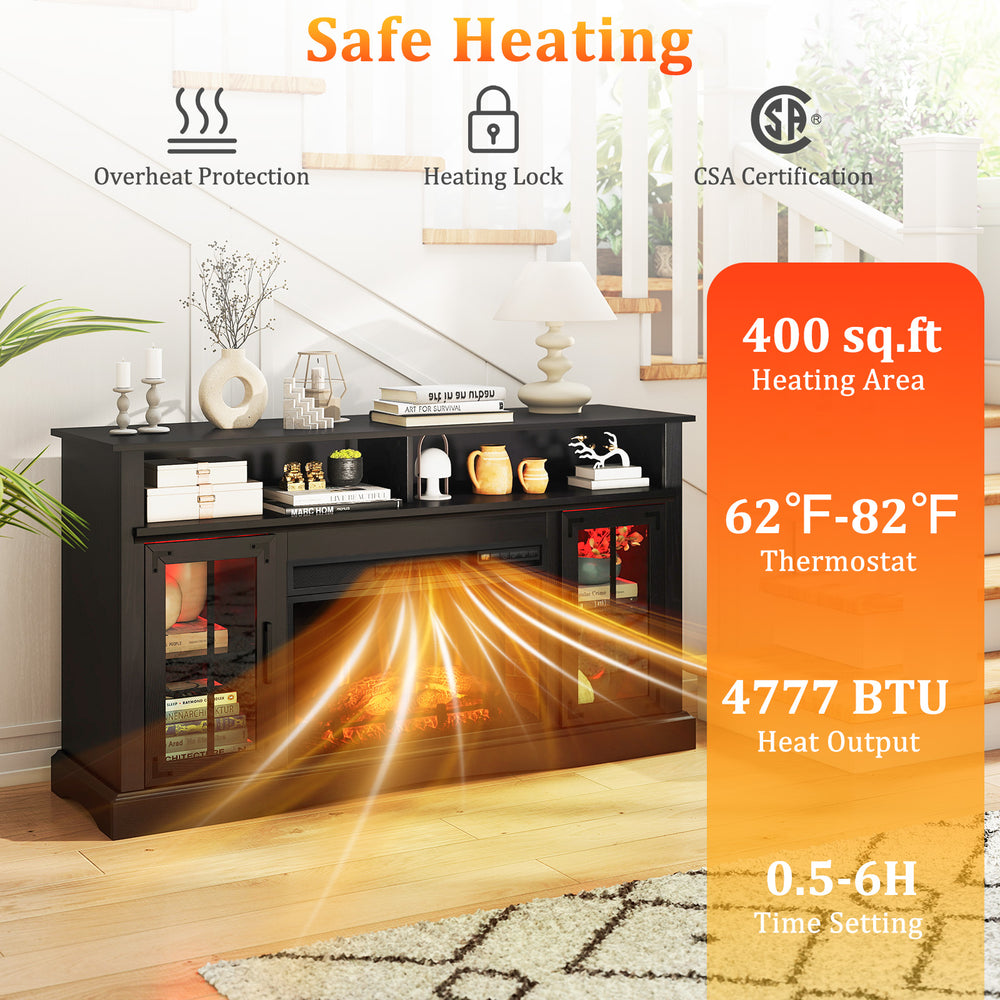 Fireplace TV stand in black with realistic 3D flame effect, remote control, and thermostat for TVs up to 50 inches.