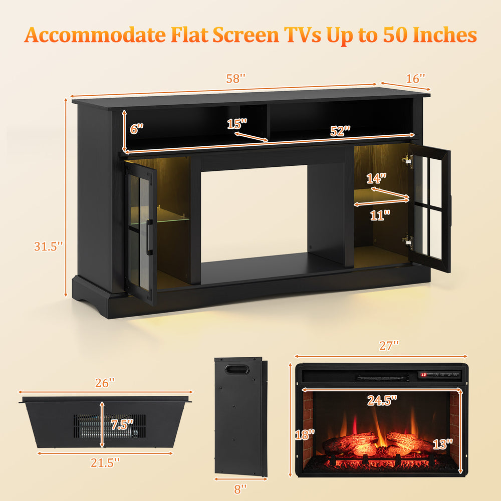 Fireplace TV stand in black, featuring adjustable shelves, remote control, and realistic flame effect for TVs up to 50.