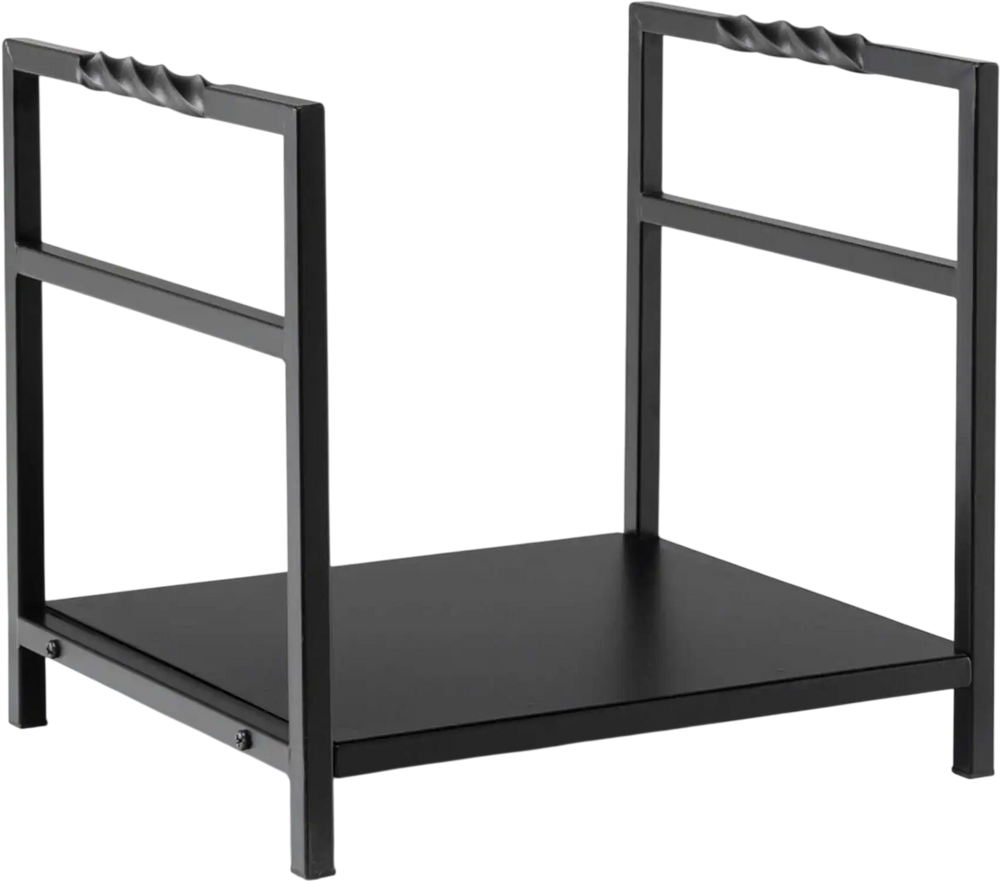 Black firewood log rack with unique handles and raised feet for stability, designed for easy storage and transport.