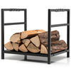 Firewood log rack in black with unique handles, holding stacked logs, designed for stability and easy transport.
