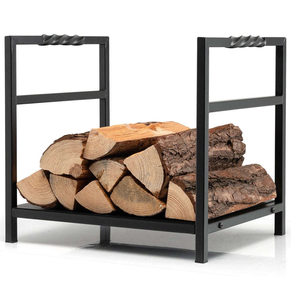 Firewood log rack in black with unique handles, holding stacked logs, designed for stability and easy transport.