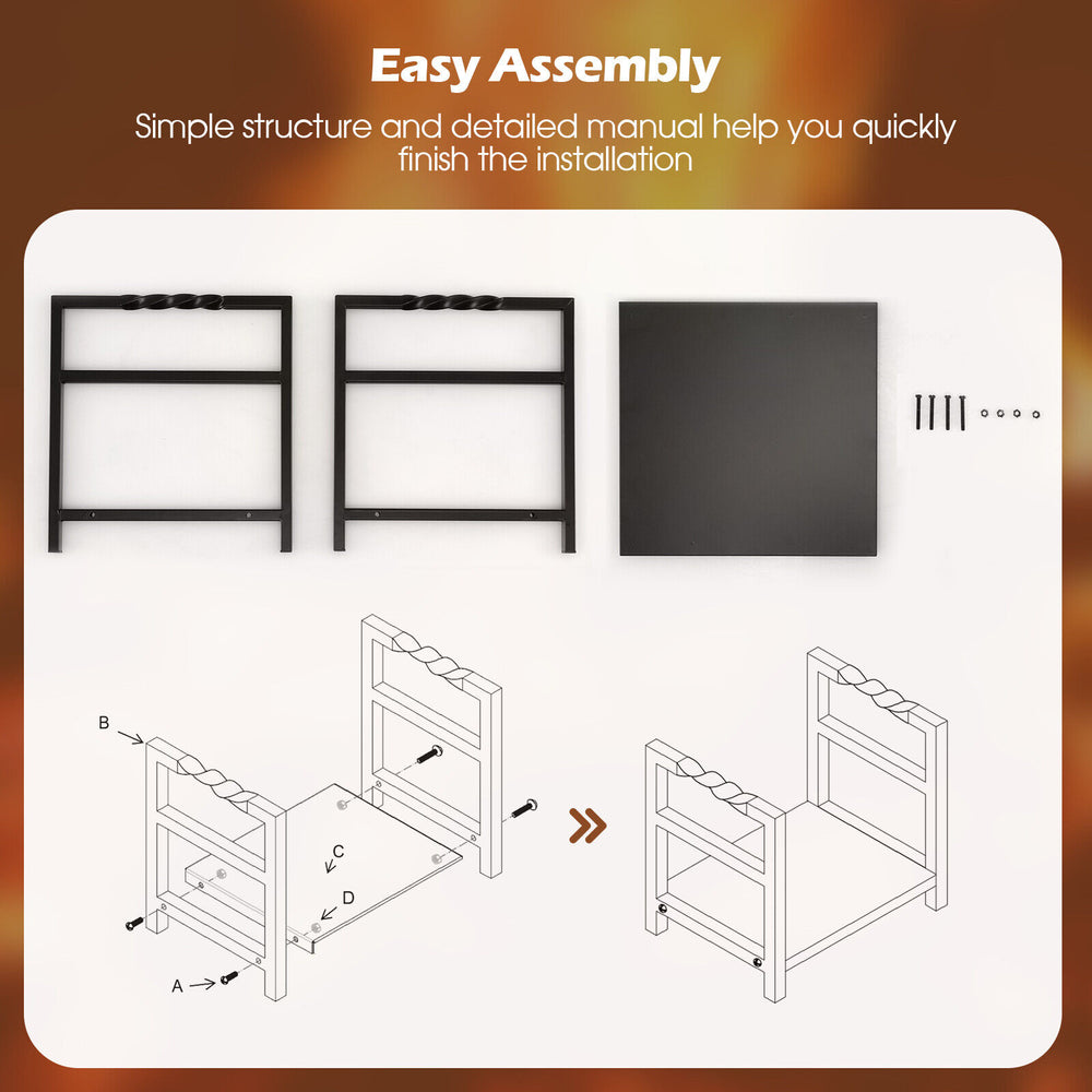 Firewood log rack assembly guide showing heavy-duty steel frame, raised feet, and portable handles for convenience.