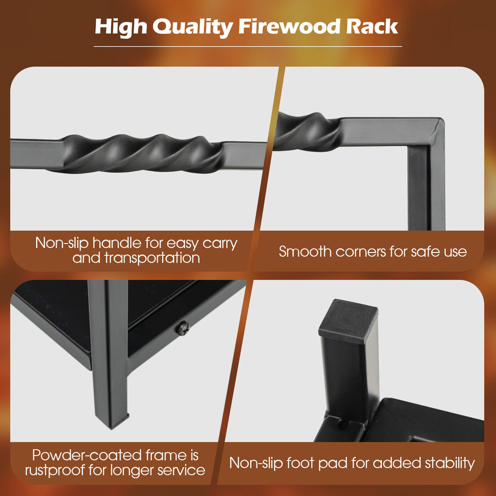 Close-up of the firewood log rack's unique handle and raised feet, featuring a rustproof black steel frame for.