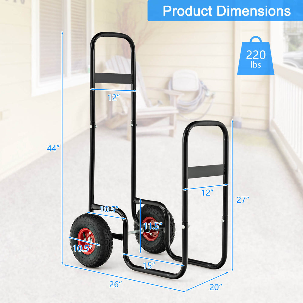 Firewood log cart carrier with dimensions 44" height, 26" length, and 220 lbs capacity, featuring rubber wheels for.