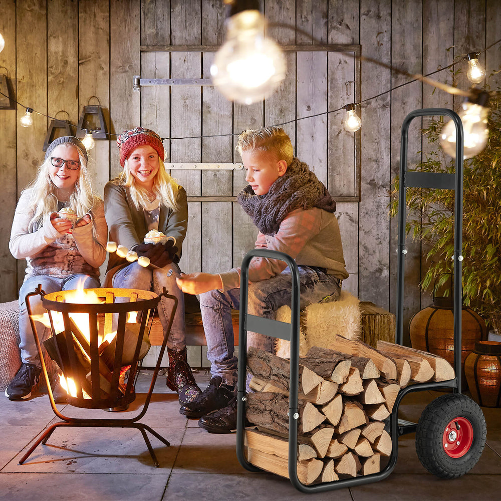 Firewood log cart carrier with rubber wheels, sturdy steel frame, and large storage space for easy outdoor use.