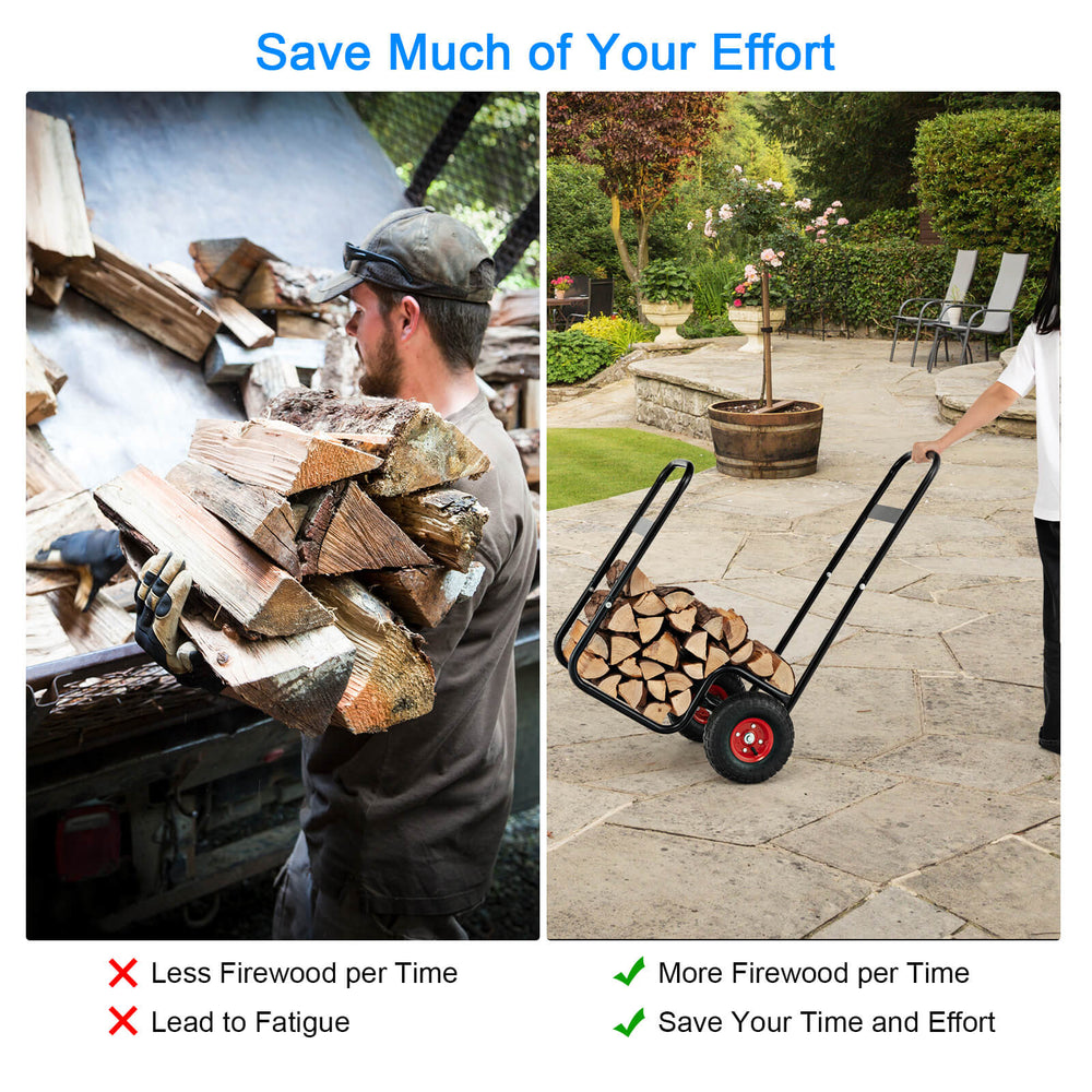 Firewood log cart carrier with wear-resistant rubber wheels, designed for easy transport and large storage capacity.