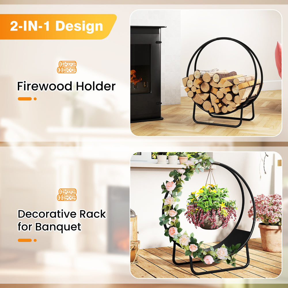 Heavy-duty metal firewood holder and decorative rack, 20-inch round design for versatile storage and display.
