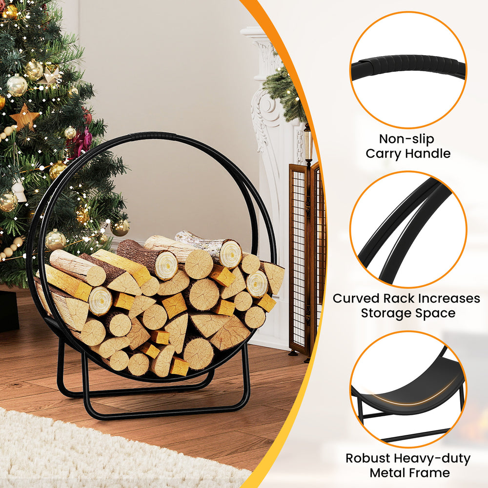 Curved 20-inch firewood log hoop with a robust metal frame, ideal for storage and decorative use in various settings.