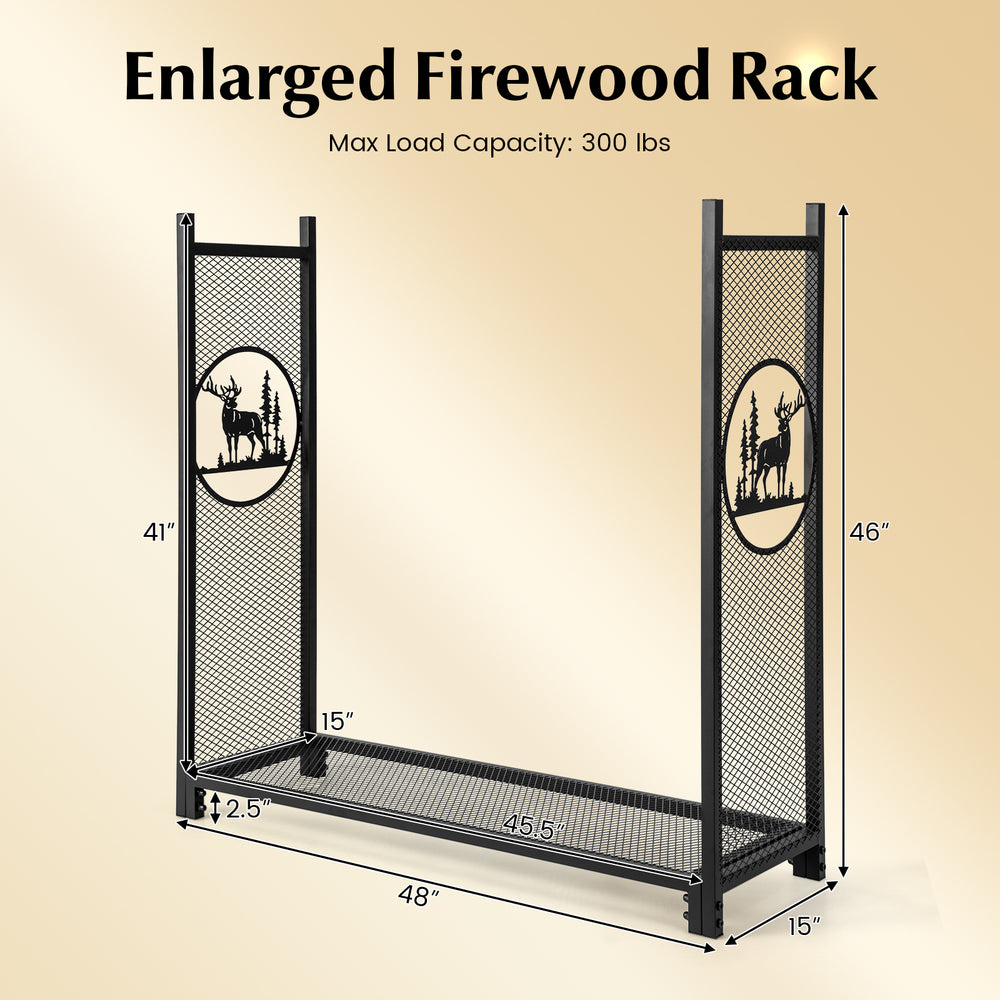 Enlarged firewood rack stand with mesh sides, 4 feet long, powder-coated for rust resistance, ideal for indoor and.