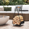 Heavy-duty metal firewood storage rack with leather handle, organized logs, ideal for outdoor or indoor use.