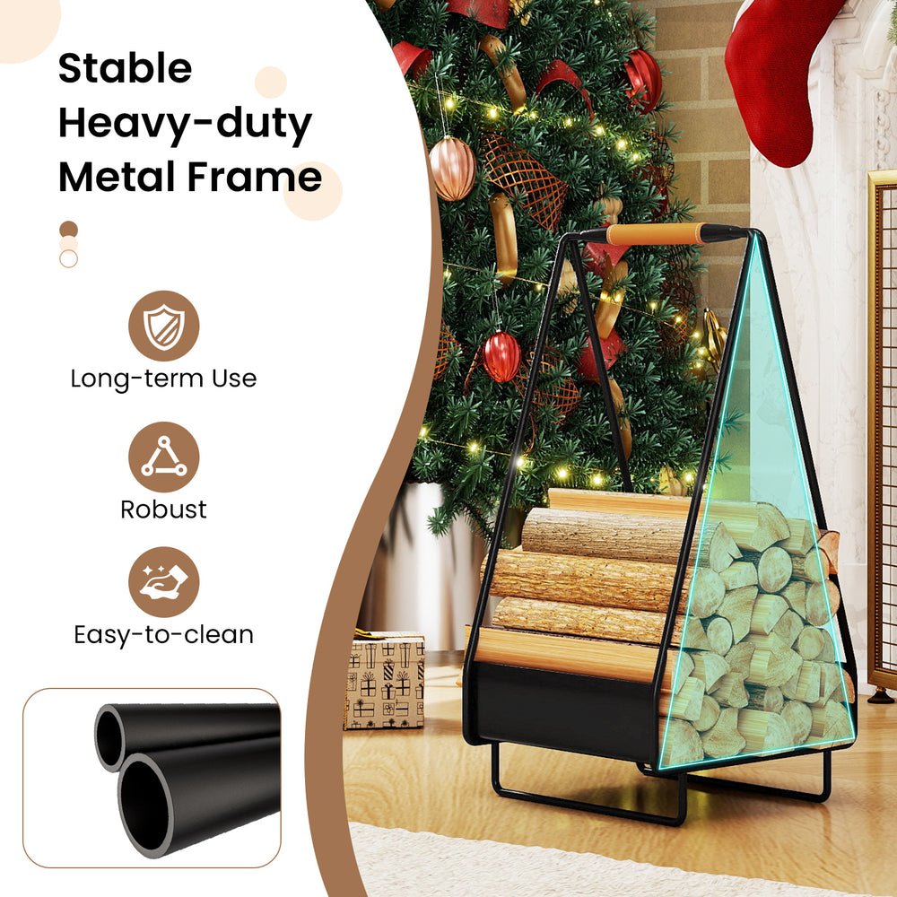 Heavy-duty metal firewood storage rack with handle, featuring a stable triangle structure for indoor and outdoor use.