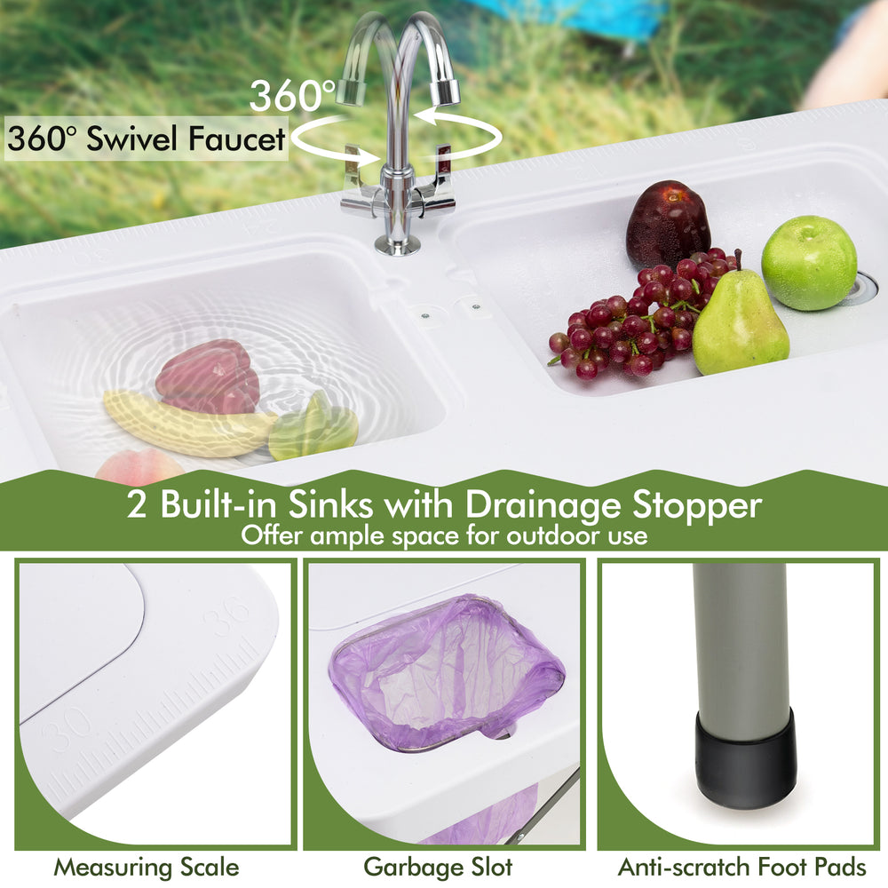 Fish cleaning table with two sinks, 360° swivel faucet, and measuring scale for outdoor food prep and cleaning.