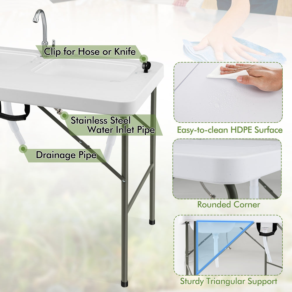 Fish cleaning table featuring durable HDPE surface, stainless steel water inlet pipe, and two sinks for efficient food.