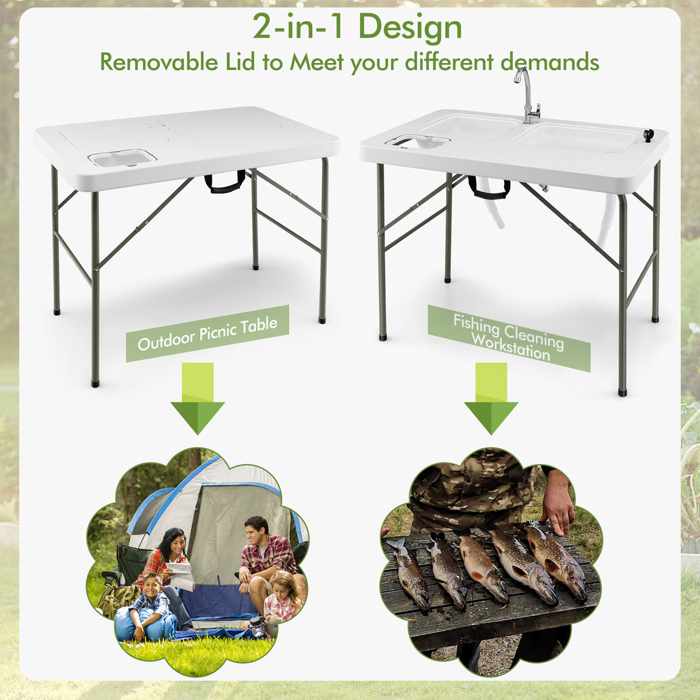 Fish cleaning table with two sinks and a 360° rotatable faucet, ideal for outdoor cooking and fish preparation.