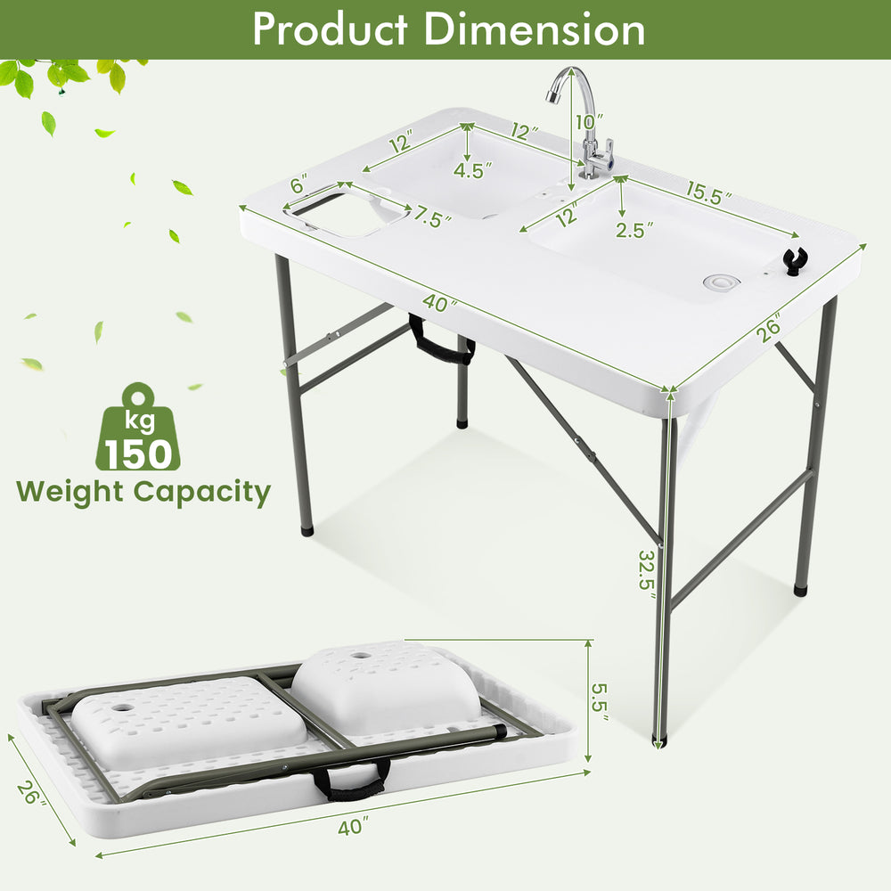 Fish cleaning table with two sinks, durable HDPE material, and 360° rotatable faucet for easy food prep and cleaning.