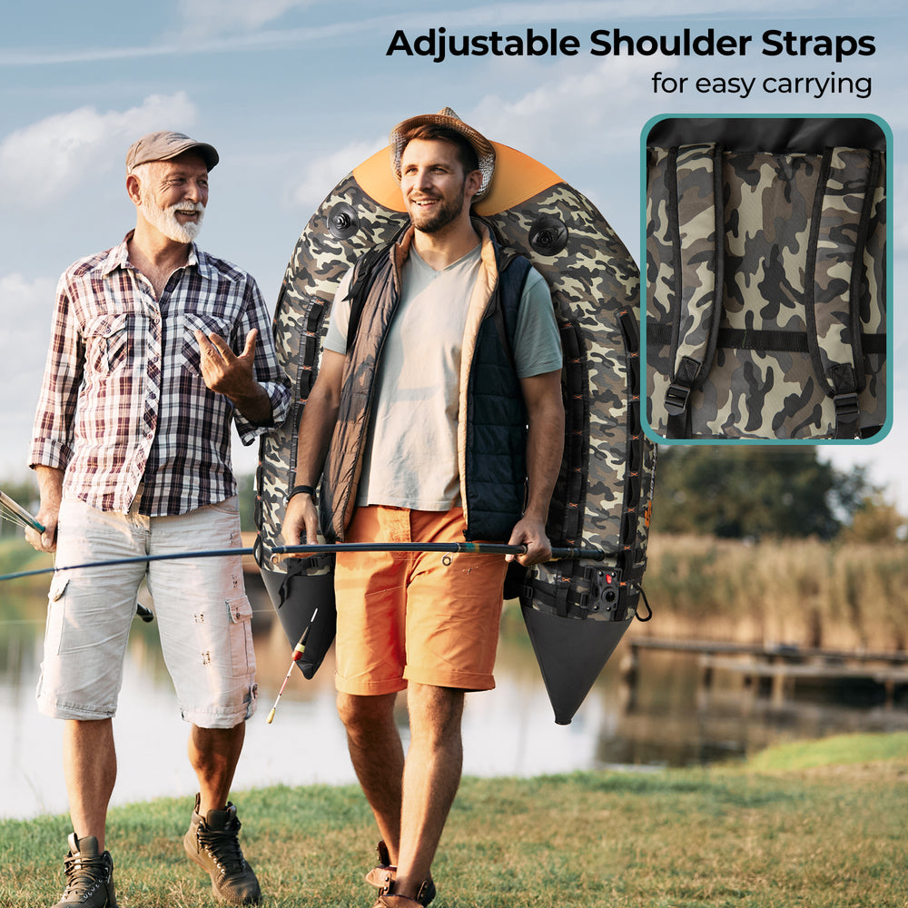 Portable camouflage fishing boat with adjustable shoulder straps for easy carrying, featuring 3 detachable storage.