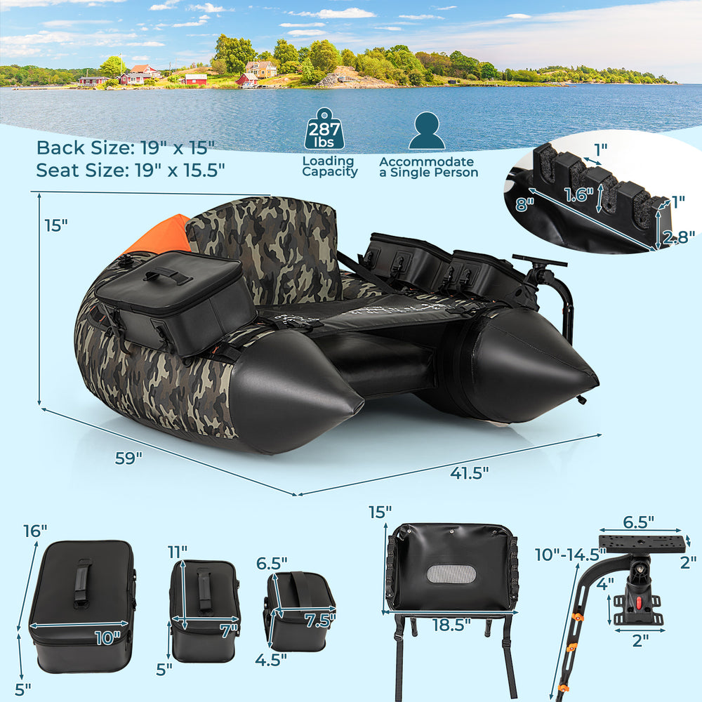 Portable camouflage fishing boat with detachable storage boxes, adjustable rod rack, and comfortable inflatable seat.