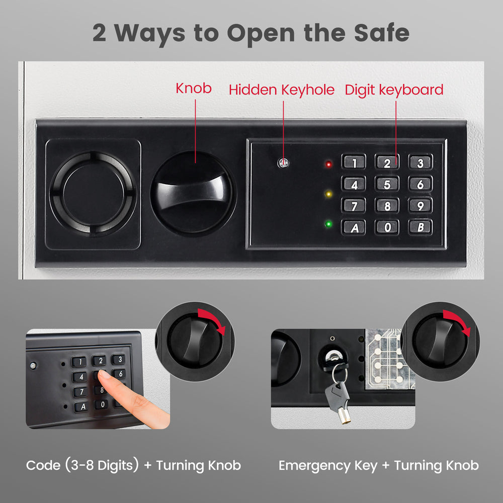 Digital wall safe with keypad and knob, featuring dual access methods and tamper-proof hinges for security.