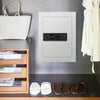 Digital flat recessed wall safe in white with security lock, mounted in a closet for discreet storage of valuables.