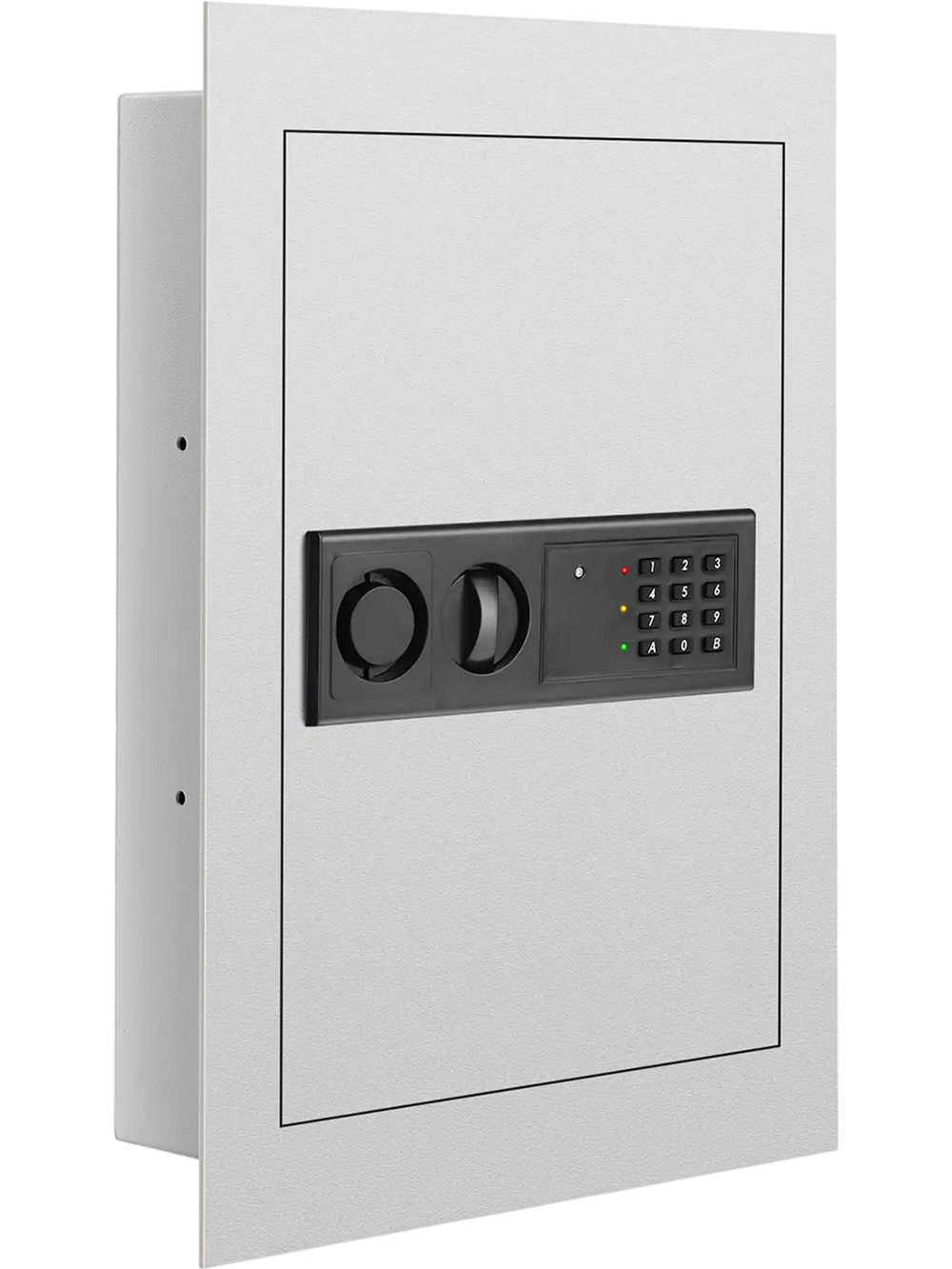 Digital flat recessed wall safe in white with keypad and key access, designed for secure storage of valuables.