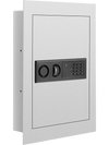 Digital flat recessed wall safe in white with keypad and key access, designed for secure storage of valuables.
