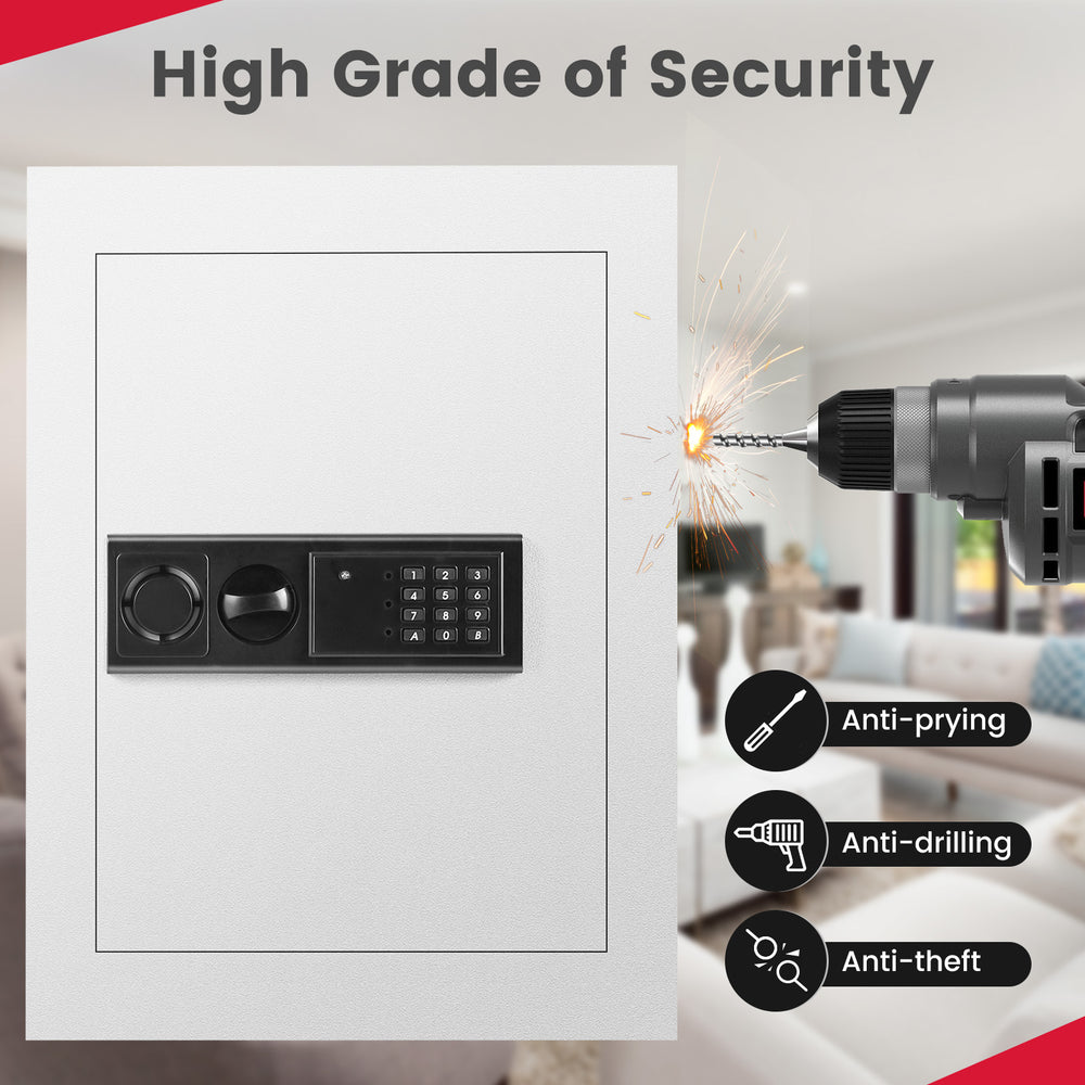 Digital flat recessed wall safe in white with security lock, featuring anti-prying and anti-drilling protection.