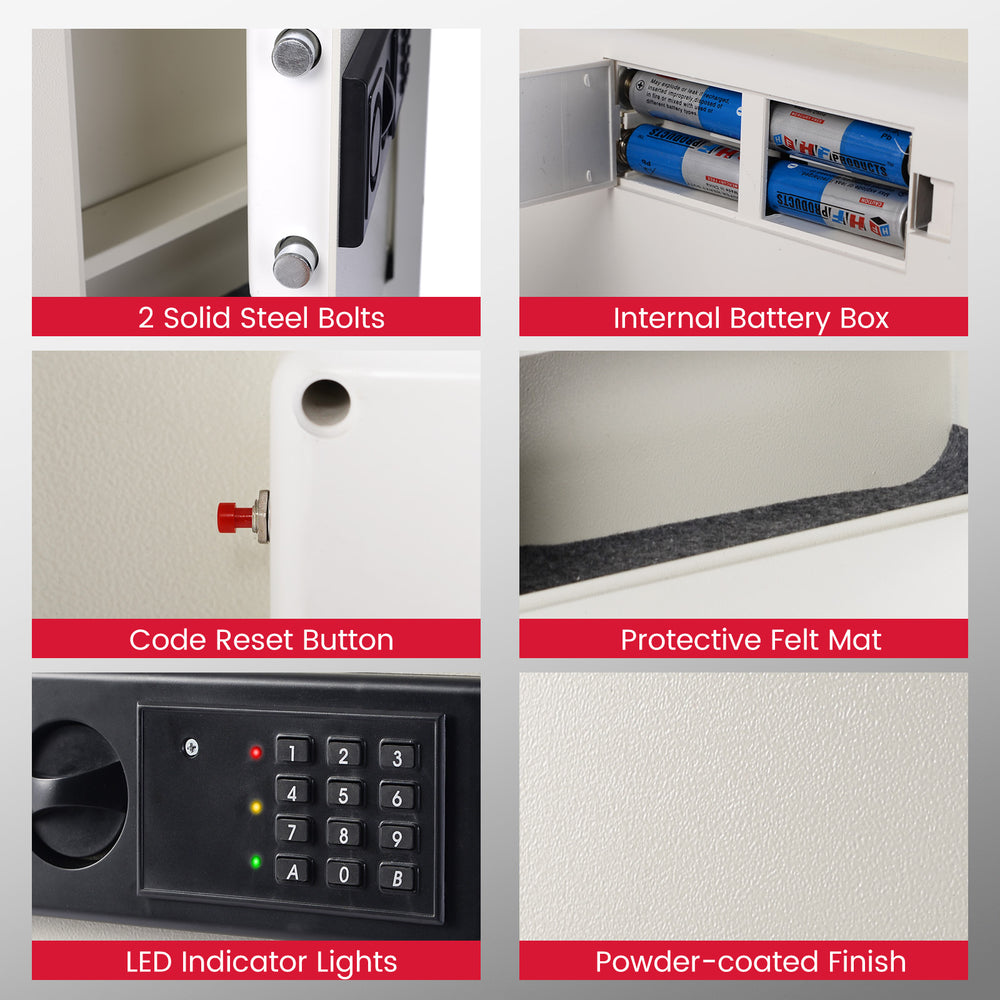 Digital flat recessed wall safe features solid steel bolts, LED indicator lights, and a protective felt mat for secure.