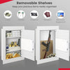 Digital flat recessed wall safe in white with removable shelves for secure storage of cash, jewelry, and firearms.