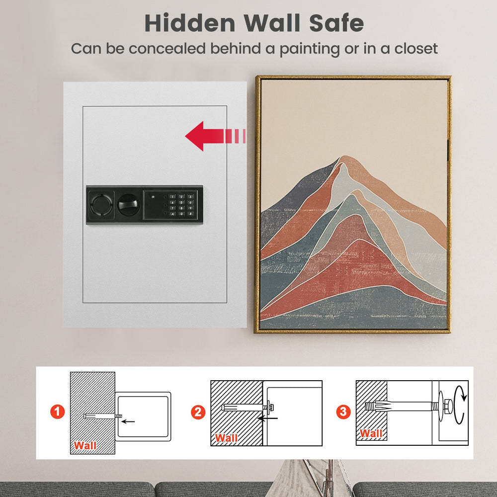 Digital flat recessed wall safe with security lock, concealed design, and thick solid steel construction for hidden.