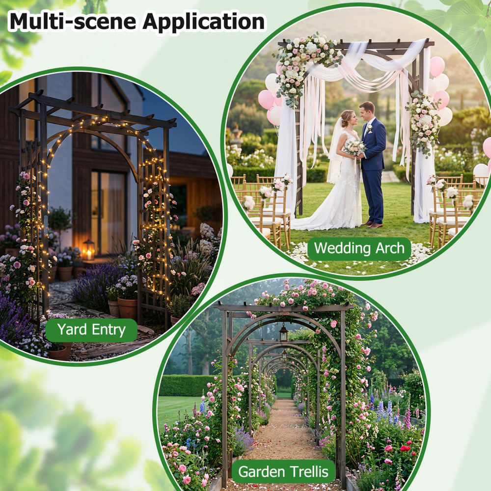 Flat top garden arch trellis in brown, 85" tall, ideal for climbing plants and as a wedding arch or yard entry.