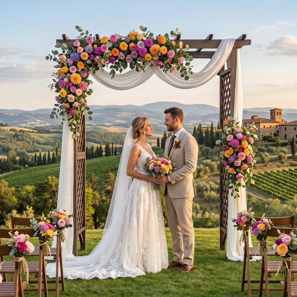 Flat top garden arch made of sturdy fir wood, perfect for weddings and climbing plants, featuring a beautiful floral.