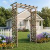 Flat top garden arch with gate, 85" tall, made of sturdy fir wood, perfect for climbing plants and wedding decor.