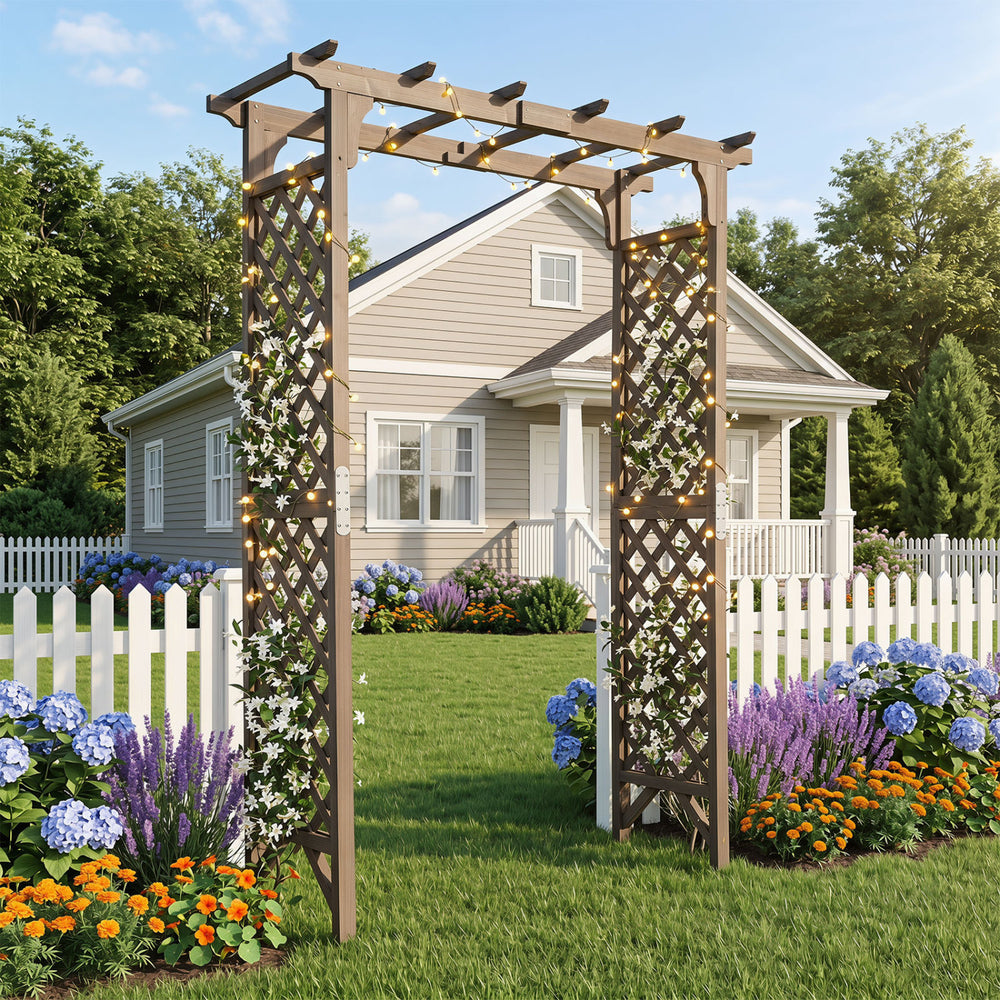 Flat top garden arch with gate, 85" tall, made of sturdy fir wood, perfect for climbing plants and wedding decor.
