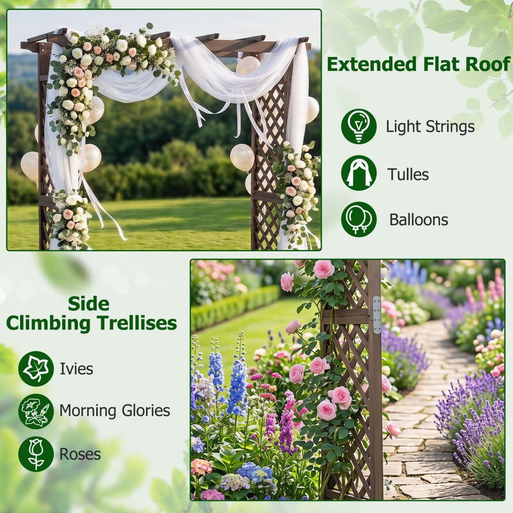 Extended flat roof garden arch with side climbing trellises, made of durable fir wood, perfect for weddings and plant.