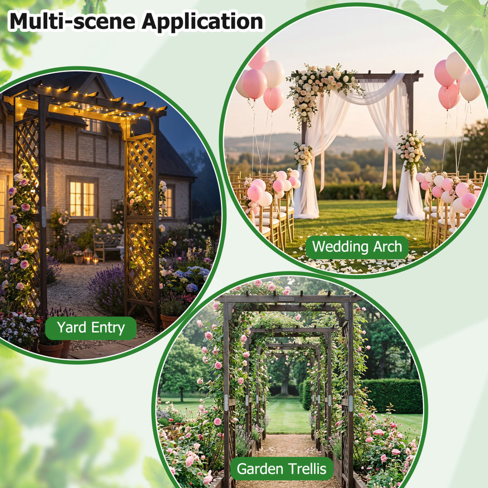Flat top garden arch with gate, 85" tall, made of sturdy fir wood, ideal for climbing plants and wedding decor.