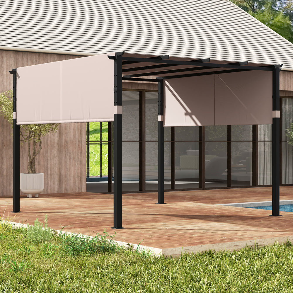 Flat top pergola with beige retractable canopy, sturdy metal frame, ideal for garden, pool, or backyard shading.